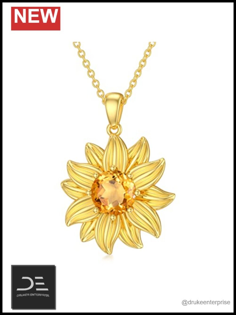 Sunflower Pendant Necklace 925 Sterling Silver 18K Gold Plated Citrine Women